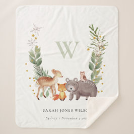 可愛いウッドランド動物の葉の多いリースモノグラムキッズ シェルパブランケット
