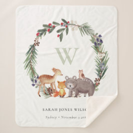 可愛いウッドランド動物の葉の多いリースモノグラムキッズ シェルパブランケット