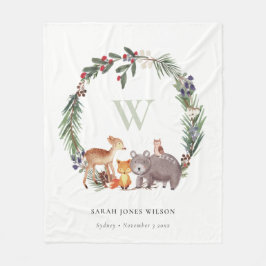 可愛いウッドランド動物の葉の多いリースモノグラムキッズ フリースブランケット