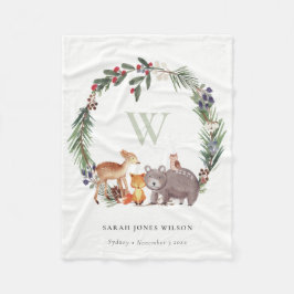 可愛いウッドランド動物の葉の多いリースモノグラムキッズ フリースブランケット