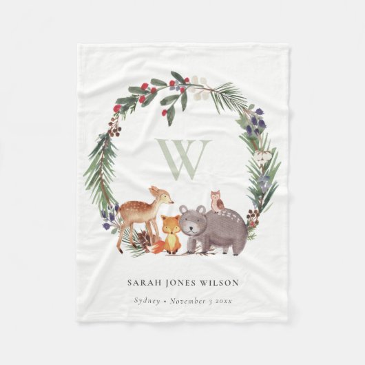 可愛いウッドランド動物の葉の多いリースモノグラムキッズ フリースブランケット (正面)