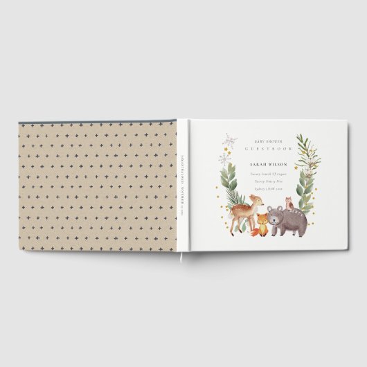 可愛いウッドランド動物の葉の多いリース赤ちゃんシャワー ゲストブック (全面)