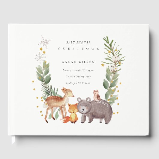 可愛いウッドランド動物の葉の多いリース赤ちゃんシャワー ゲストブック (正面)