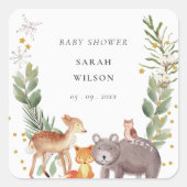 可愛いウッドランド動物の葉の多いリース赤ちゃんシャワー スクエアシール (正面)