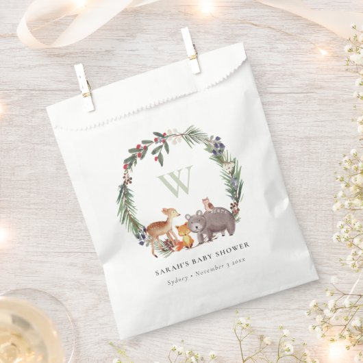 可愛いウッドランド動物の葉の多いリース赤ちゃんシャワー フェイバーバッグ (クリップ留めされた状態)