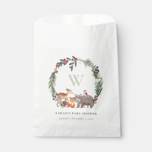 可愛いウッドランド動物の葉の多いリース赤ちゃんシャワー フェイバーバッグ (正面)