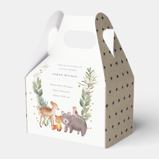 可愛いウッドランド動物の葉の多いリース赤ちゃんシャワー フェイバーボックス (裏面サイド)