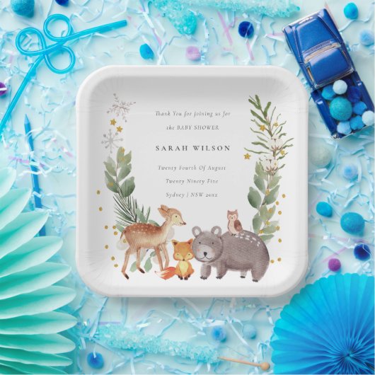 可愛いウッドランド動物の葉の多いリース赤ちゃんシャワー ペーパープレート (パーティー)