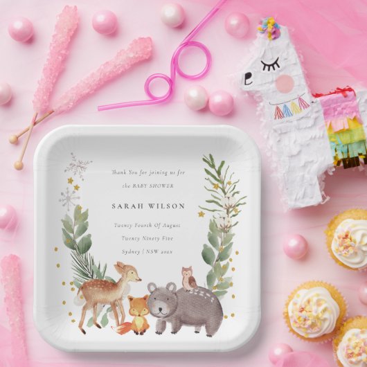 可愛いウッドランド動物の葉の多いリース赤ちゃんシャワー ペーパープレート (パーティー)