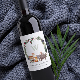 可愛いウッドランド動物の葉の多いリース赤ちゃんシャワー ワインラベル