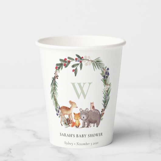 可愛いウッドランド動物の葉の多いリース赤ちゃんシャワー 紙コップ (裏面)