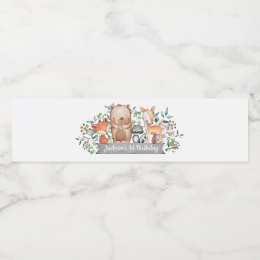 可愛いウッドランド動物の誕生日会のお願い ペットボトルラベル (シングルラベル)