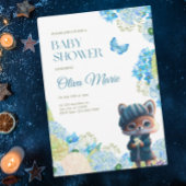 可愛いウッドランド動物キツネブルーフローラベビーシャワー 招待状