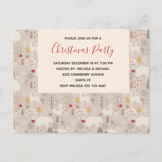 可愛いウッドランド動物クリスマスパターンパーティー インビテーションポストカード (正面)