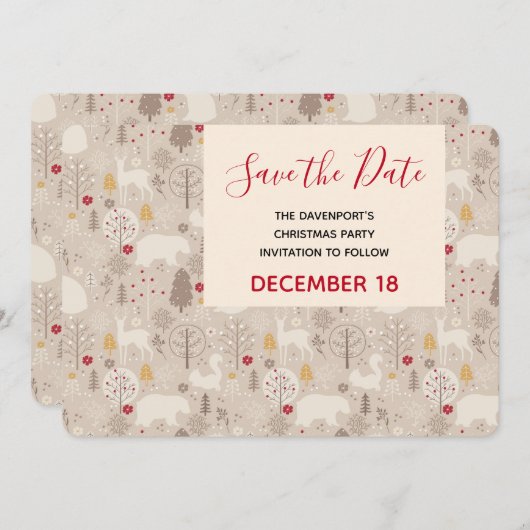 可愛いウッドランド動物クリスマスパターンパーティー セーブザデート (正面/裏面)