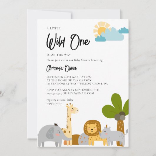 可愛いウッドランド動物サファリ赤ちゃんシャワー 招待状 (正面)
