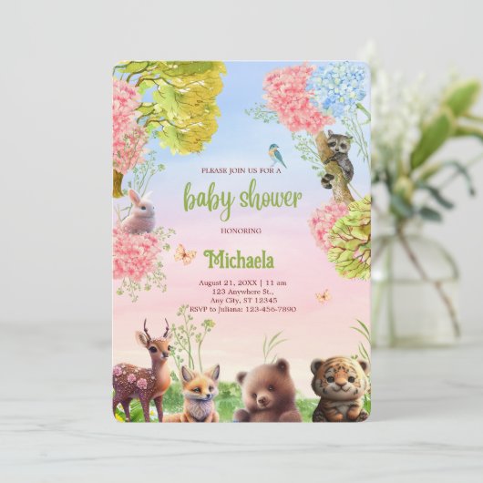 可愛いウッドランド動物ジャングルサファリベイビーシャワー 招待状 (スタンド正面)