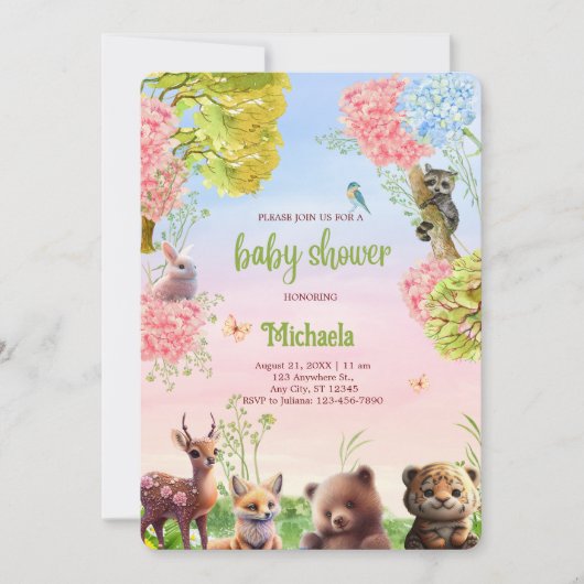 可愛いウッドランド動物ジャングルサファリベイビーシャワー 招待状 (正面)