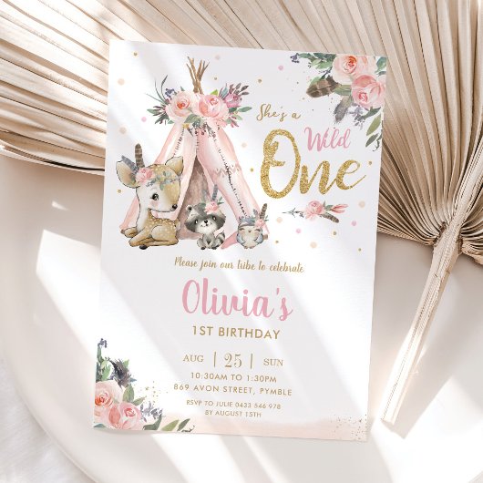 可愛いウッドランド動物トライバルワイルドワン誕生日 招待状