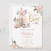 可愛いウッドランド動物トライバルワイルドワン誕生日 招待状 (正面)