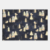 可愛いウッドランド動物パターン海軍ブルークリスマス ラッピングペーパーシート (正面3)