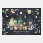 可愛いウッドランド動物パターン海軍ブルークリスマス ラッピングペーパーシート (正面2)