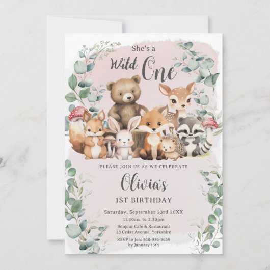 可愛いウッドランド動物ピンクのワイルドワン誕生日 招待状 (正面)