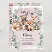 可愛いウッドランド動物ピンクのワイルドワン誕生日 招待状 (正面/裏面)