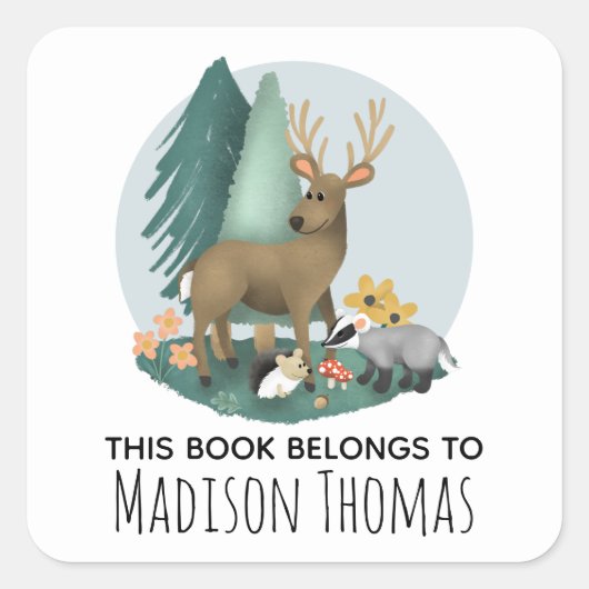 可愛いウッドランド動物ベビーとキッズ蔵書票 スクエアシール (正面)