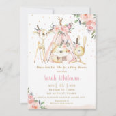 可愛いウッドランド動物ボホ部族女の子ベビーシャワー 招待状 (正面)