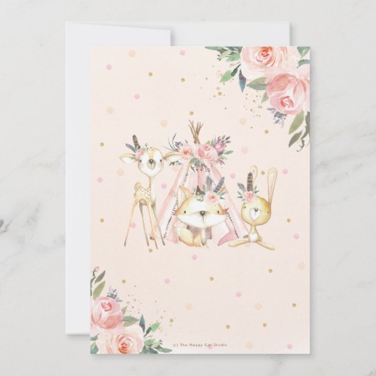 可愛いウッドランド動物ボホ部族女の子ベビーシャワー 招待状 (裏面)