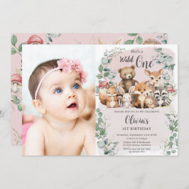 可愛いウッドランド動物ワイルドワン誕生日の写真 招待状