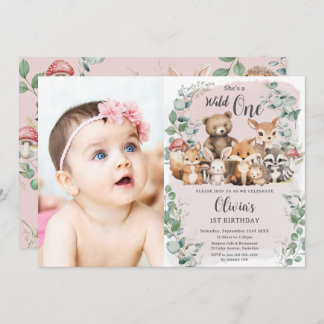 可愛いウッドランド動物ワイルドワン誕生日の写真 招待状
