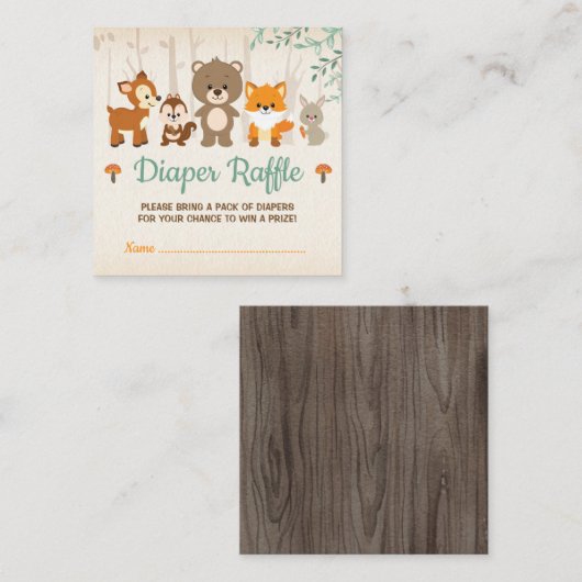 可愛いウッドランド動物中性ベビーおむつラッフル エンクロージャーカード (正面/裏面)