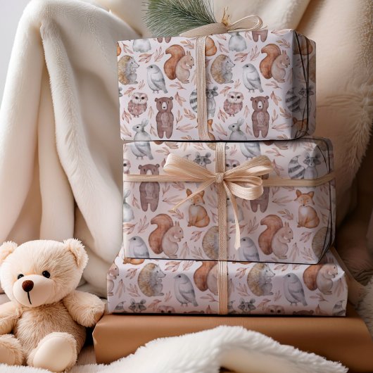 可愛いウッドランド動物水彩誕生日 ラッピングペーパーシート