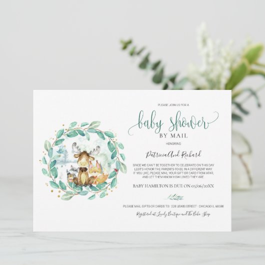 可愛いウッドランド動物緑の赤ちゃんシャワーbyメール 招待状 (スタンド正面)