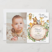 可愛いウッドランド動物1stバースデーボーイガールフォト 招待状 (正面)