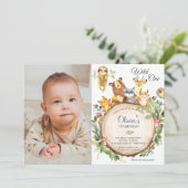 可愛いウッドランド動物1stバースデーボーイガールフォト 招待状 (スタンド正面)