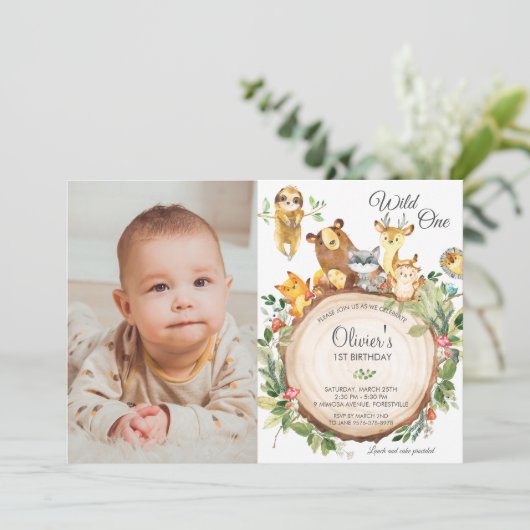 可愛いウッドランド動物1stバースデーボーイガールフォト 招待状 (スタンド正面)