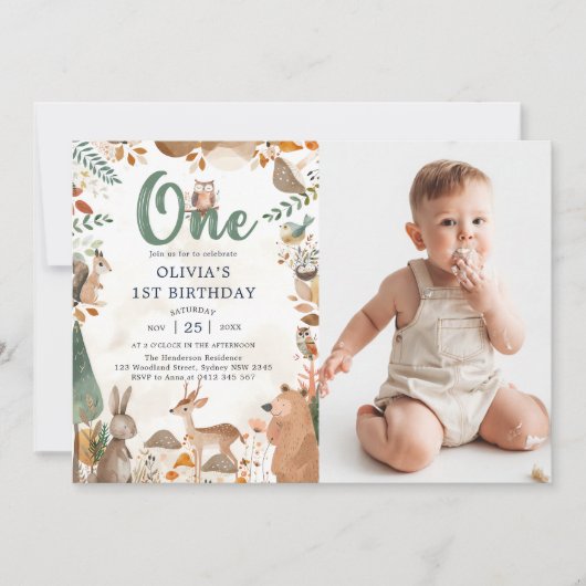 可愛いウッドランド動物1st誕生日の写真 招待状 (正面)