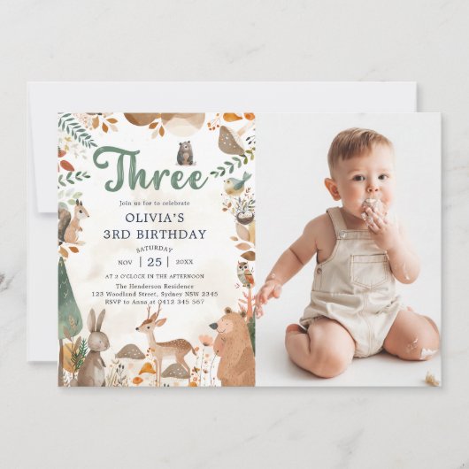 可愛いウッドランド動物3rd誕生日パーティー写真 招待状 (正面)