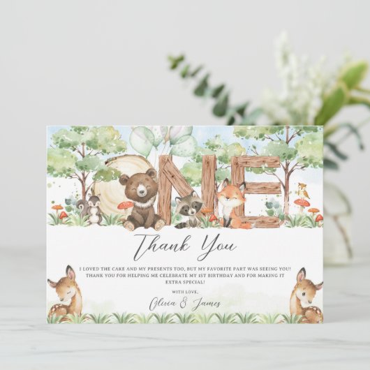 可愛いウッドランド森林動物ウッドワン誕生日 サンキューカード (スタンド正面)
