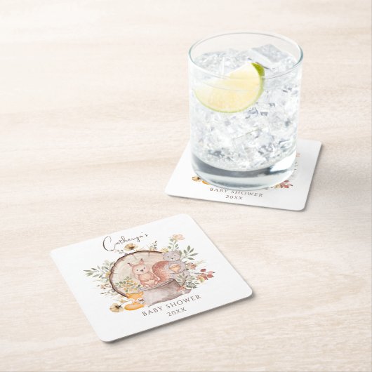 可愛いウッドランド森林動物友達赤ちゃんシャワー スクエアペーパーコースター (インサイチュ)