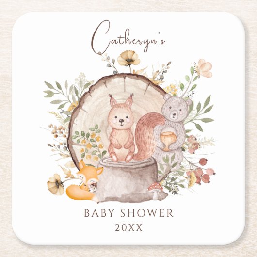 可愛いウッドランド森林動物友達赤ちゃんシャワー スクエアペーパーコースター (正面)