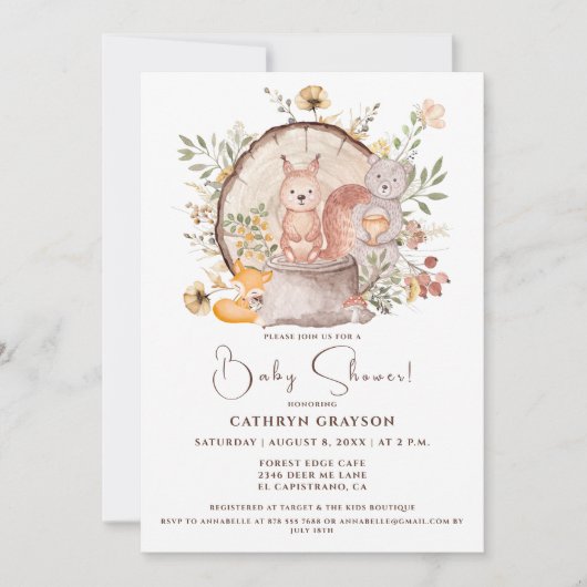 可愛いウッドランド森林動物友達赤ちゃんシャワー 招待状 (正面)