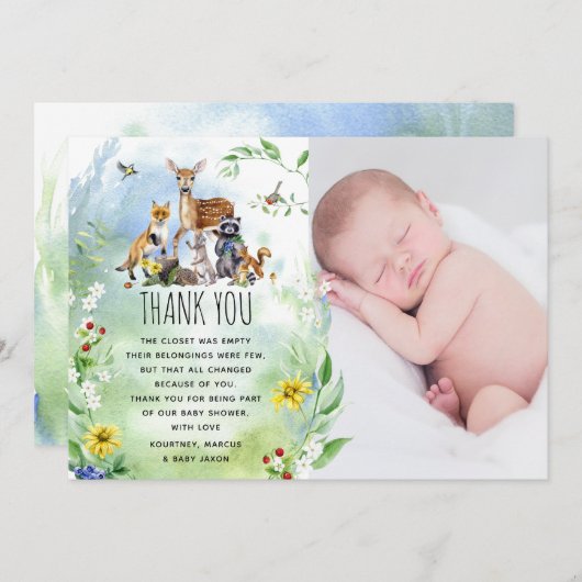 可愛いウッドランド森林動物赤ちゃんシャワー写真 サンキューカード (正面/裏面)