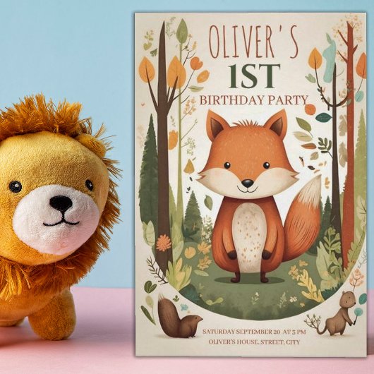 可愛いウッドランド森林動物1歳の誕生日パーティー 招待状