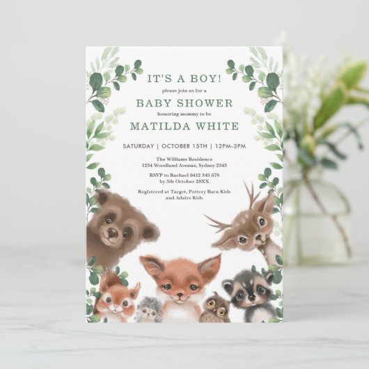 可愛いウッドランド森林緑の動物の赤ちゃんシャワー 招待状 (スタンド正面)