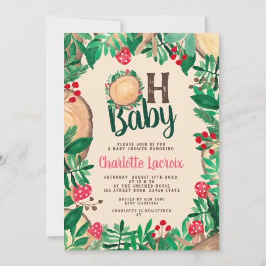 可愛いウッドランド森林緑の木ああ赤ちゃんシャワー 招待状 (正面)
