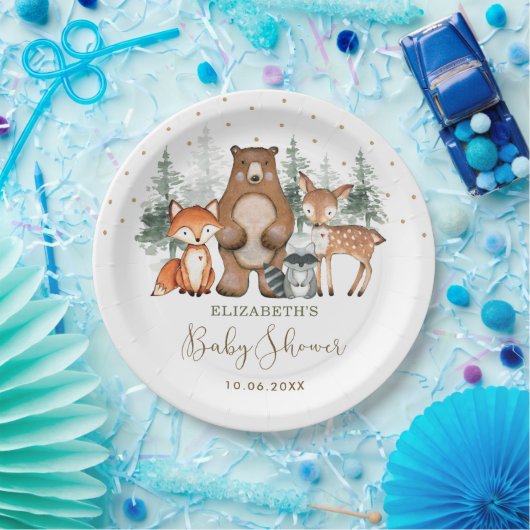 可愛いウッドランド森林緑の金ゴールド赤ちゃんシャワー ペーパープレート (パーティー)